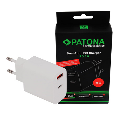 Premium USB lādētājs / 1x USB-C, 1x USB-A, PD 3.0, 18W, PATONA