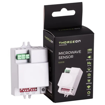 Iebūvējamais HF mikroviļņu sensors ar 360° uztveršanas leņķi, Uztveršanas attāIums 5-15m, Pieslēguma jauda 300W, IP20, 02019, THORGEON
