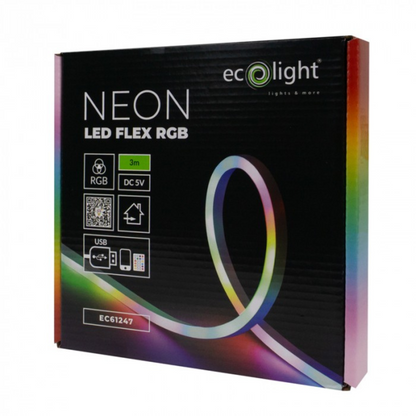 LED lente Neona, RGB, 3m, USB - DC5V (var pieslēgt pie iebkura 5V DC adaptera), IP20, ECOLIGHT