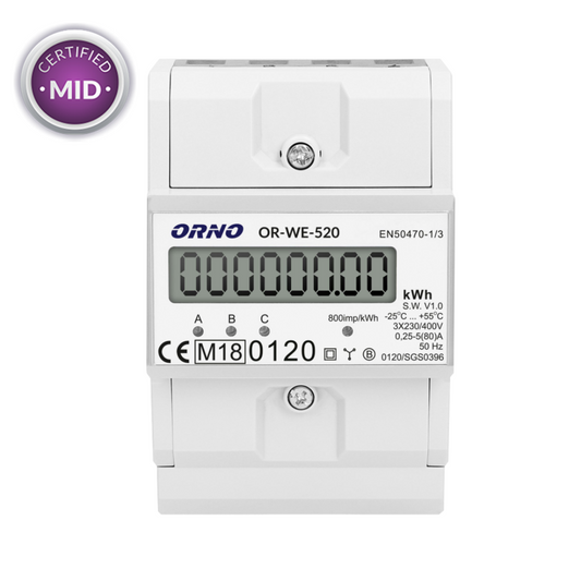 Elektroenerģijas skaitītājs 3F ar LCD displeju, aizņem 4.5 mod., ar MID sertifikātu, 80A, uz DIN sliedes, OR-WE-520, ORNO