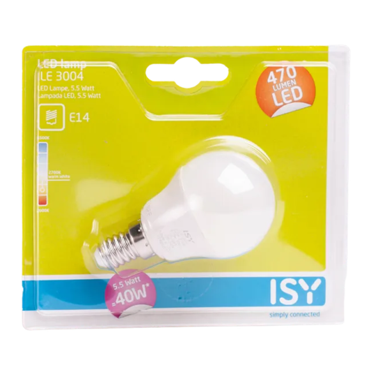 LED spuldze 5.5W, E14, 2700K, 470lm, G45 (P45), ISY (by Philips)