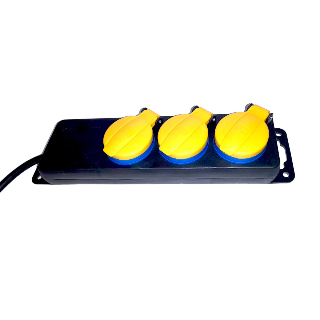 Pagarinātājs 3-vietīgs ar zemējumu, ar bērnu aizsardzību, IP44, vads gumijas izolācijā H05RR-F 3x1.5mm2, 5m, 3500W