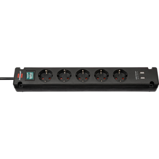 Pagarinātājs Bremounta, 3.0m, 5 rozetes, ar slēdzi, 2 USB-A, 3G1.5, 5VV-F, melns, ar iespēju pieskrūvēt pie virsmas, 1150660315, Brennenstuhl