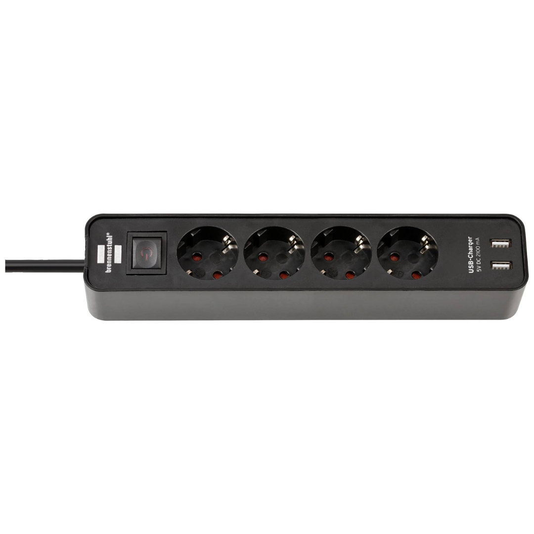 Pagarinātājs Ecolor, 1.5m, 4 rozetes, ar slēdzi un 2xUSB-A, 3G1.5, 5VV-F, melns/melns, 1153240006, Brennenstuhl