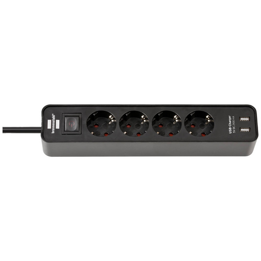 Pagarinātājs Ecolor, 1.5m, 4 rozetes, ar slēdzi un 2xUSB-A, 3G1.5, 5VV-F, melns/melns, 1153240006, Brennenstuhl
