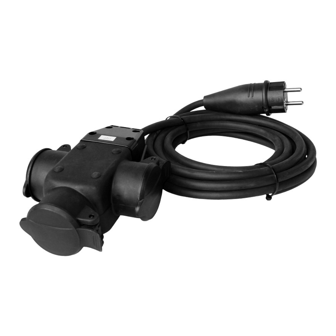 Pagarinātājs 3-vietīgs ar zemējumu, vads gumijas izolācijā HO5RR-F 3x1.5mm2, IP44, 5m, melns