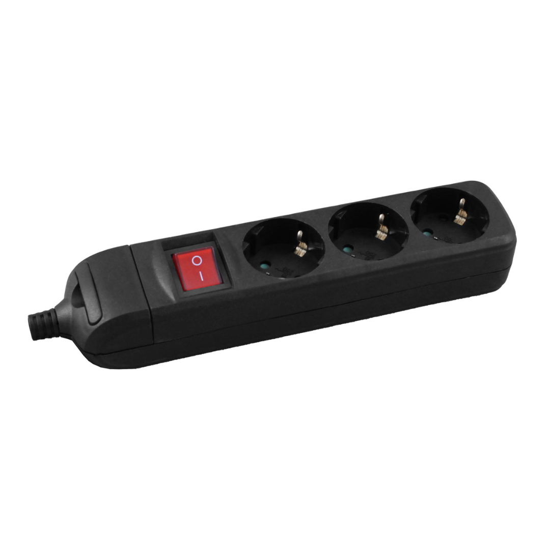 Pagarinātājs 3-vietīgs ar zemējumu, ar slēdzi, ar bērnu aizsardzību, H05VV-F 3x1.5mm2, 3m, melns