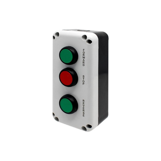 Pogu kārba, spiedpoga forward - 1NO zaļa, spiedpoga stop - 1NC sarkana, spiedpoga reverse - 1NO zaļa, IP65, PBSL3FSR, Vexen