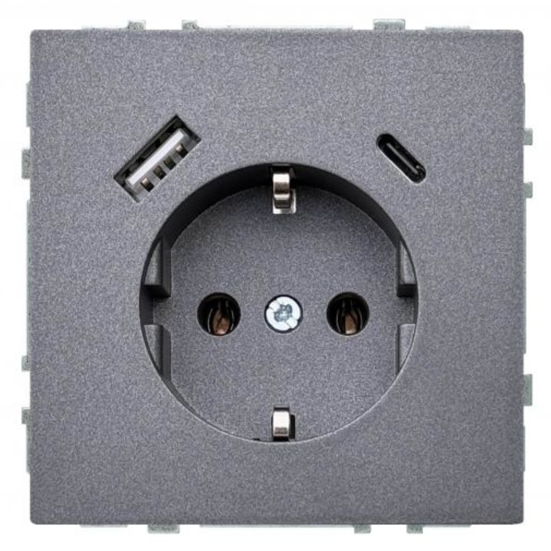 Rozete ar USB-C + USB-A ligzdu, melna-matēta (antracīts), 3.4A, 220V, bez rāmja, Liregus MODERN