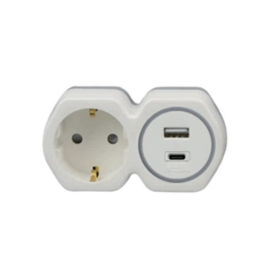 Sadalītājs 1-vietīgs ar bērnu aizsardzību 16A 250V + USB lādētājs (Type A + Type C) 2.4A, balts