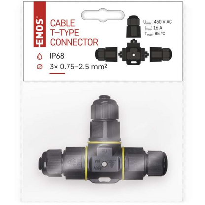 Kabeļu savienotājs T-veida, 3x0.75-2.5mm2, 16A, 250V, IP68, EMOS