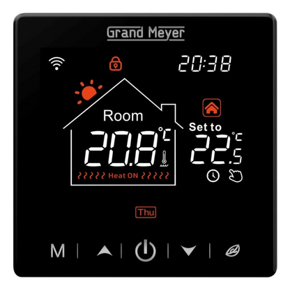 Termoregulators ar grīdas/telpas sensoru, WiFi, 5-35gr.C, 230V, melns, programmējams, SN-20, Grand Meyer