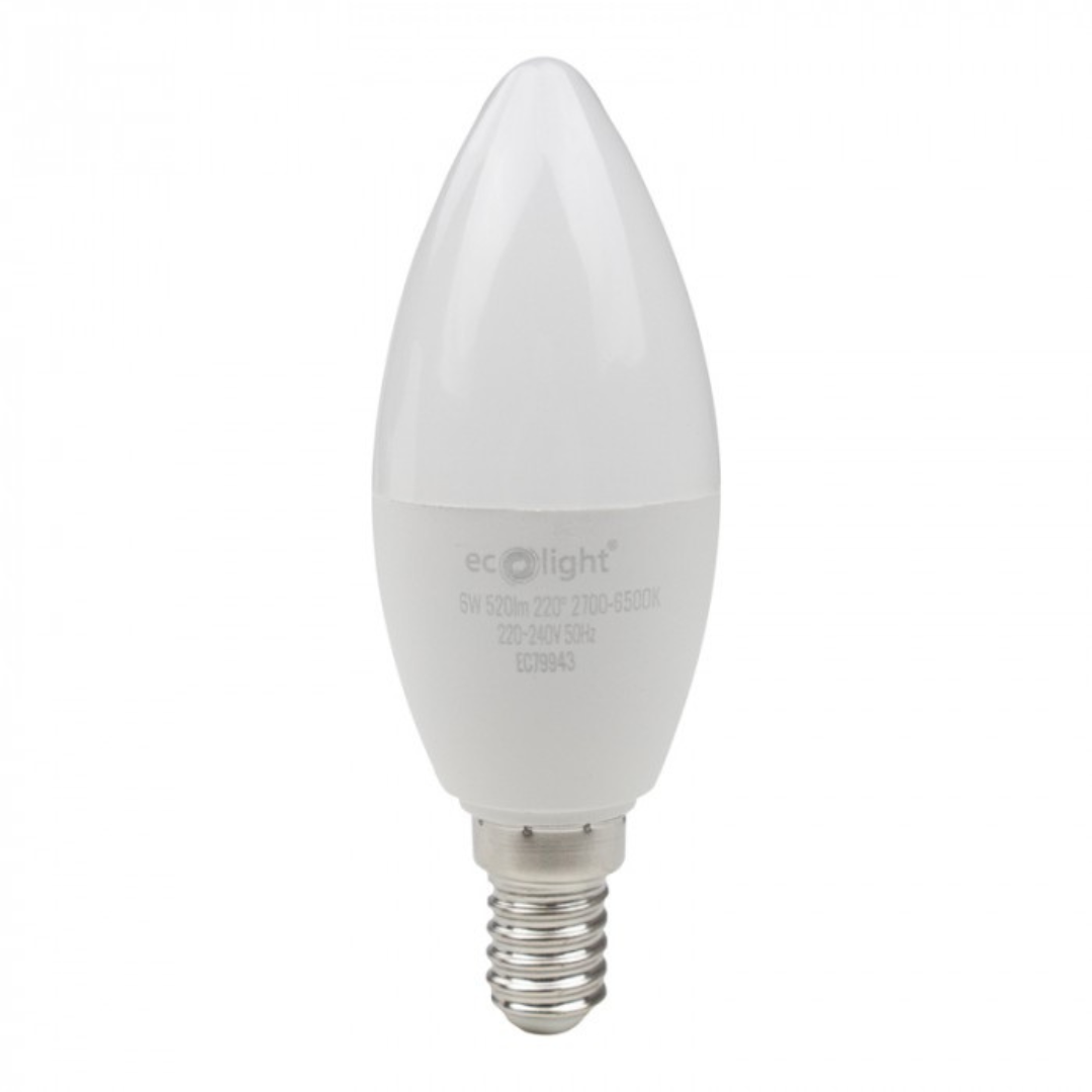 LED spuldze 6W, E14, C35, 520Lm, 2700-6500K + RGB, 220-240V AC, WiFi, ar vadības iespēju no telefona - Tuya, ECOLIGHT