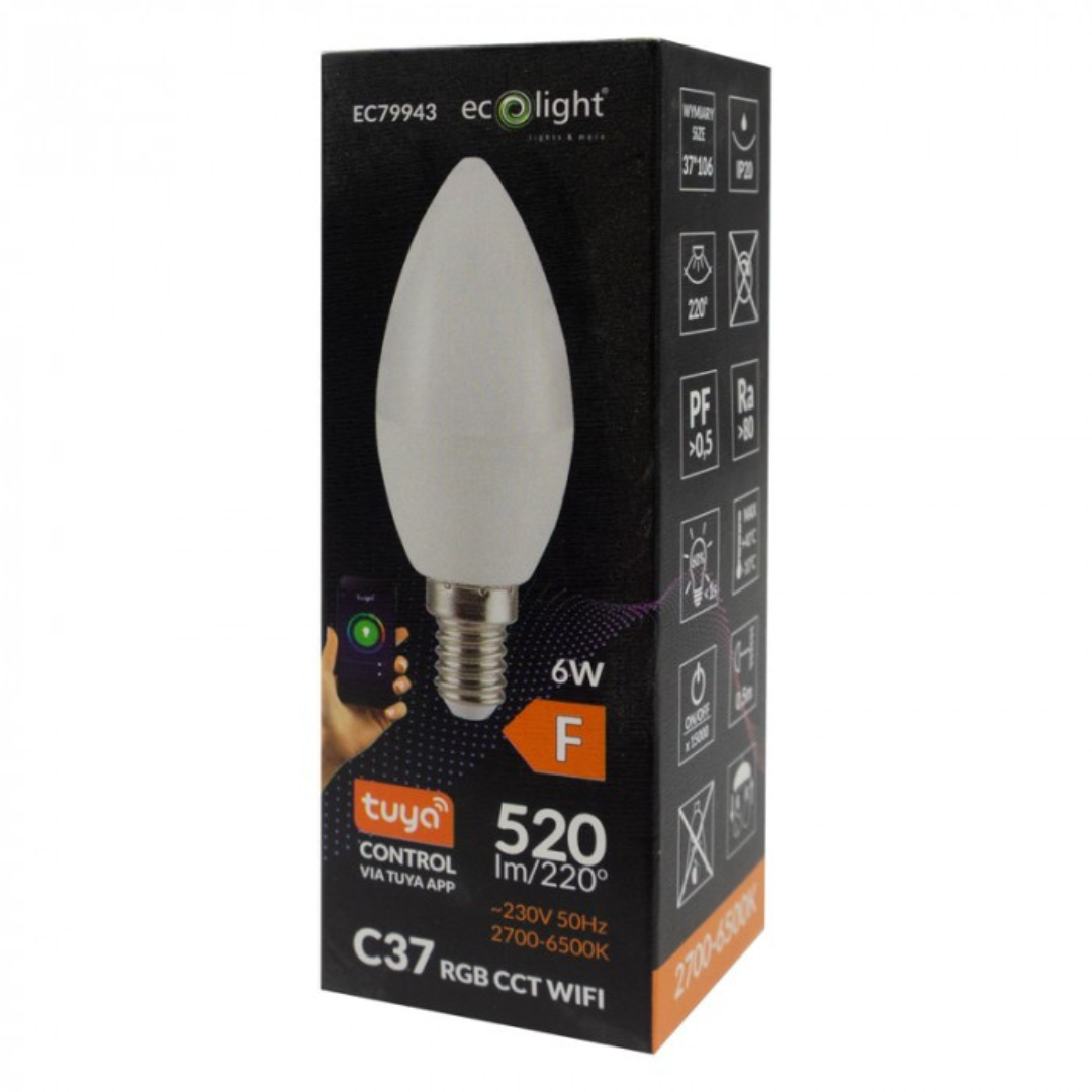 LED spuldze 6W, E14, C35, 520Lm, 2700-6500K + RGB, 220-240V AC, WiFi, ar vadības iespēju no telefona - Tuya, ECOLIGHT