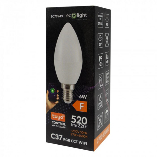 LED spuldze 6W, E14, C35, 520Lm, 2700-6500K + RGB, 220-240V AC, WiFi, ar vadības iespēju no telefona - Tuya, ECOLIGHT