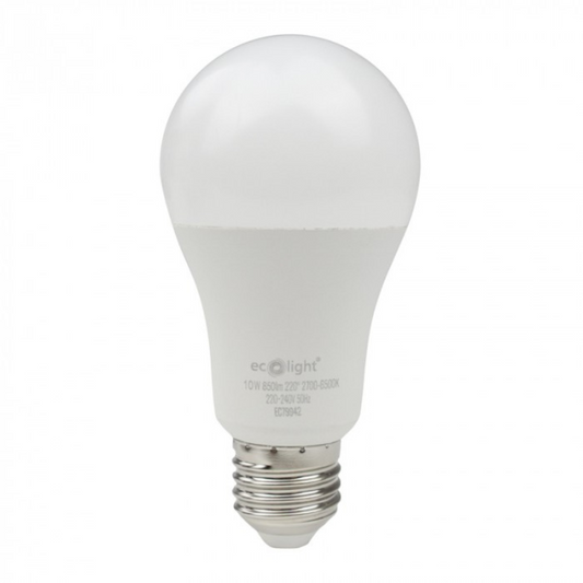 LED spuldze 10W, E27, A60, 850Lm, 2700-6500K + RGB, 220-240V AC, WiFi, ar vadības iespēju no telefona - Tuya, ECOLIGHT