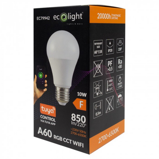 LED spuldze 10W, E27, A60, 850Lm, 2700-6500K + RGB, 220-240V AC, WiFi, ar vadības iespēju no telefona - Tuya, ECOLIGHT