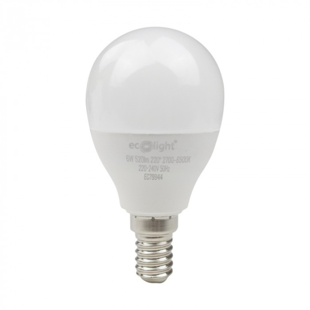 LED spuldze 6W, E14, G45, 520Lm, 2700-6500K + RGB, 220-240V AC, WiFi, ar vadības iespēju no telefona - Tuya, ECOLIGHT