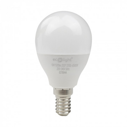 LED spuldze 6W, E14, G45, 520Lm, 2700-6500K + RGB, 220-240V AC, WiFi, ar vadības iespēju no telefona - Tuya, ECOLIGHT