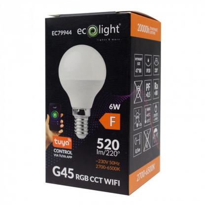 LED spuldze 6W, E14, G45, 520Lm, 2700-6500K + RGB, 220-240V AC, WiFi, ar vadības iespēju no telefona - Tuya, ECOLIGHT