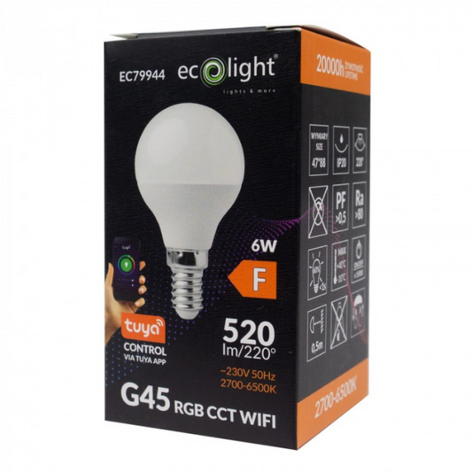 LED spuldze 6W, E14, G45, 520Lm, 2700-6500K + RGB, 220-240V AC, WiFi, ar vadības iespēju no telefona - Tuya, ECOLIGHT