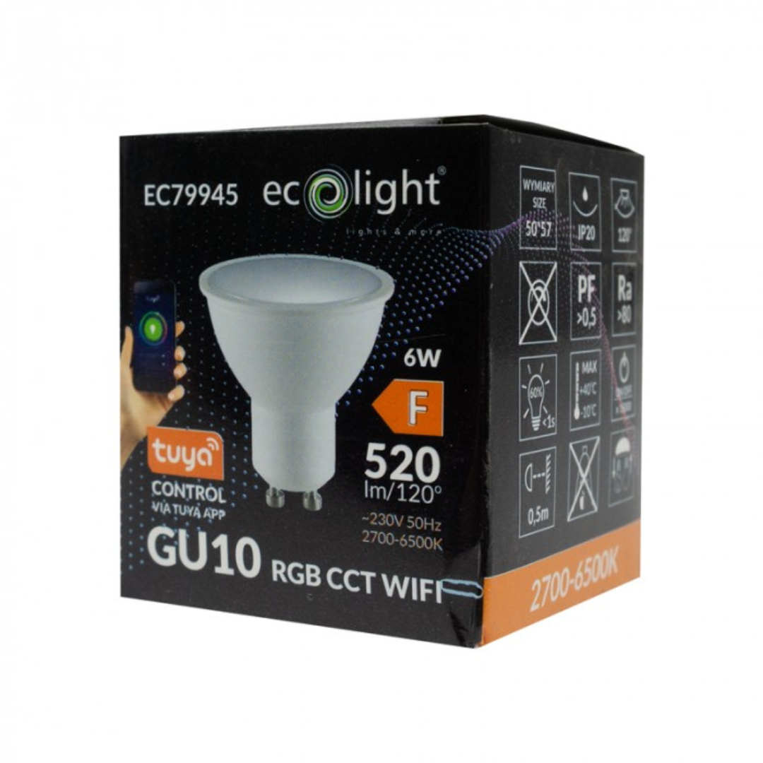 LED spuldze 6W, 520Lm, 2700-6500K + RGB, 220-240V AC, WiFi, ar vadības iespēju no telefona - Tuya, ECOLIGHT