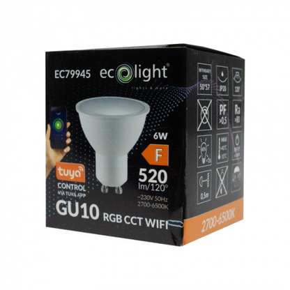 LED spuldze 6W, 520Lm, 2700-6500K + RGB, 220-240V AC, WiFi, ar vadības iespēju no telefona - Tuya, ECOLIGHT