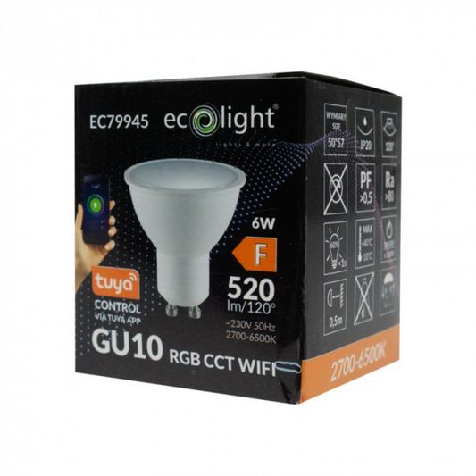 LED spuldze 6W, 520Lm, 2700-6500K + RGB, 220-240V AC, WiFi, ar vadības iespēju no telefona - Tuya, ECOLIGHT