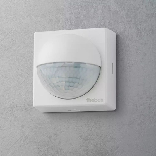 Infrasarkanais kustības sensors z/a, paredzēts uzstādīšanai uz sienas, darbības diapazons 180grādi - līdz 12m, IP55, LED 500W, cita slodze 2300W, balts, theLuxa R180 WH, THEBEN